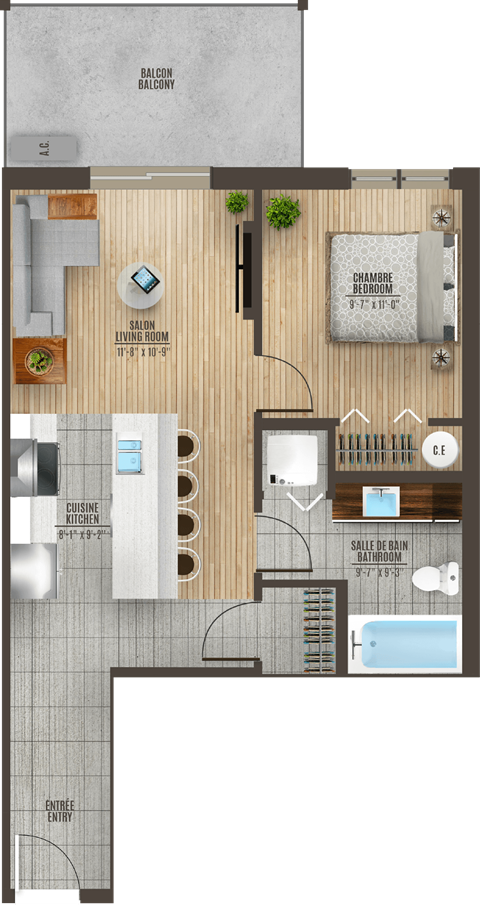 Floor plan for 1 bed, 1 bath, 735 sqft